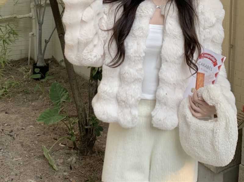 Plain Fluffy Open Front Jacket / Mid Rise Plain Wide Leg Pants