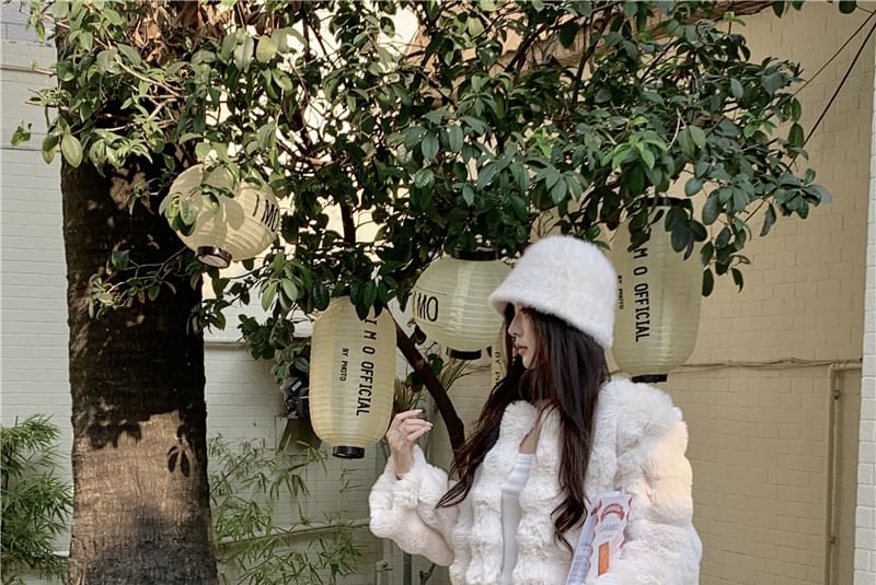 Plain Fluffy Open Front Jacket / Mid Rise Plain Wide Leg Pants