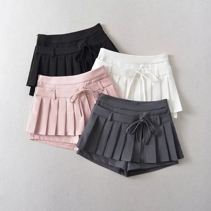 Low-Rise Solid Tie-Waist Mini Pleated Skirt