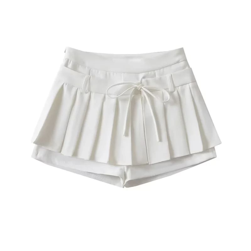 Low-Rise Solid Tie-Waist Mini Pleated Skirt