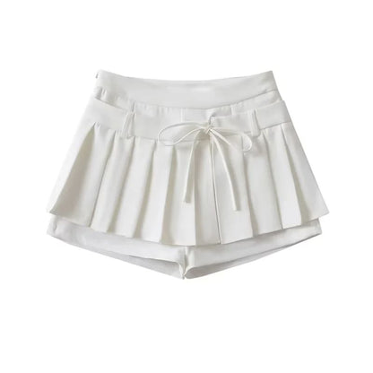 Low-Rise Solid Tie-Waist Mini Pleated Skirt