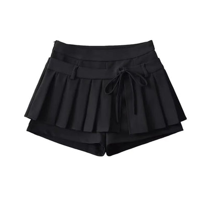 Low-Rise Solid Tie-Waist Mini Pleated Skirt