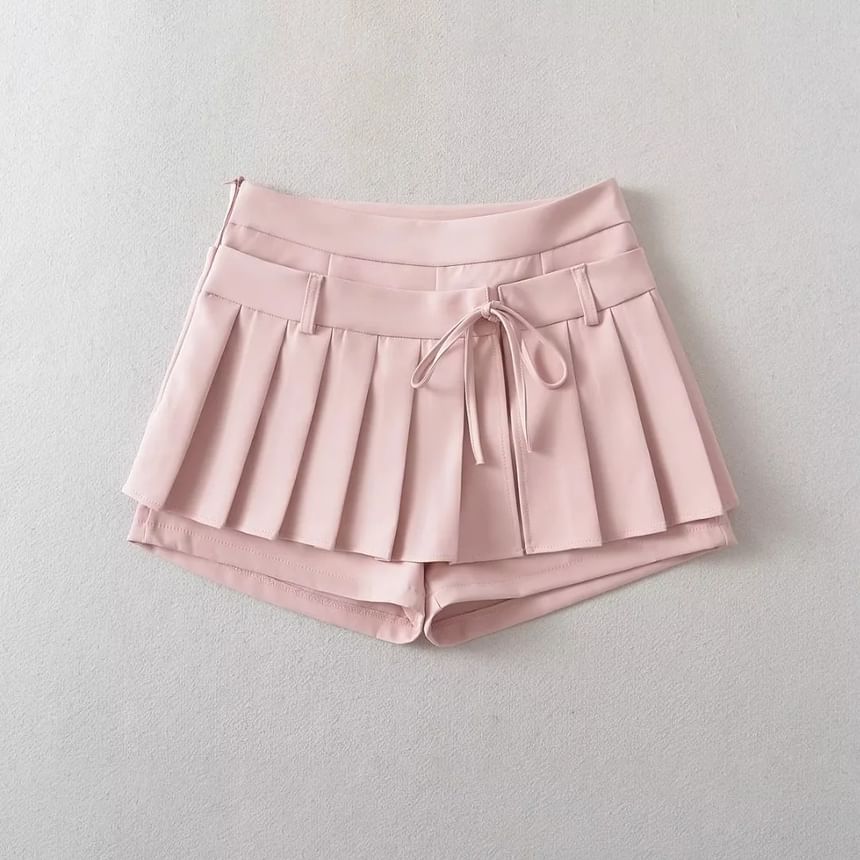 Low-Rise Solid Tie-Waist Mini Pleated Skirt