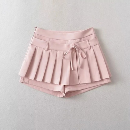 Low-Rise Solid Tie-Waist Mini Pleated Skirt