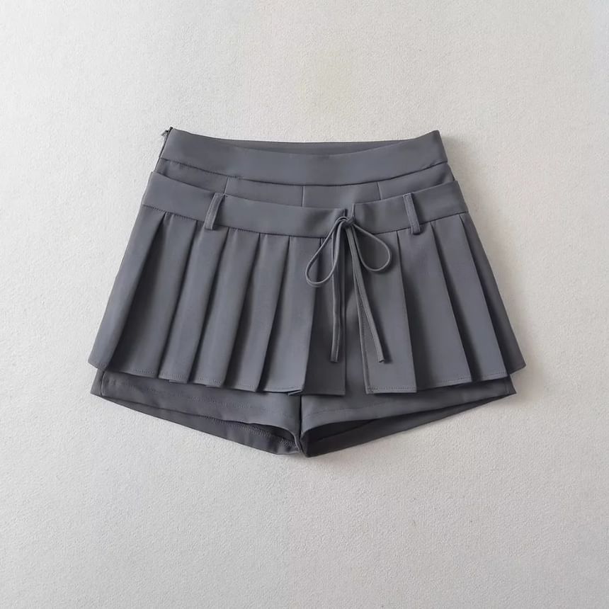 Low-Rise Solid Tie-Waist Mini Pleated Skirt