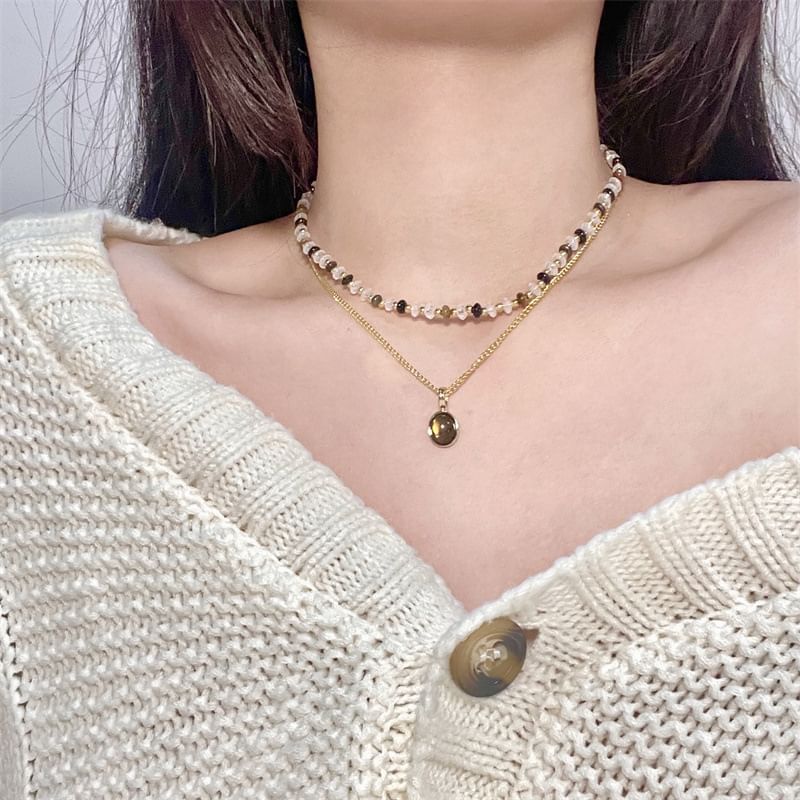 Pendant Gemstone Necklace Layered Beaded