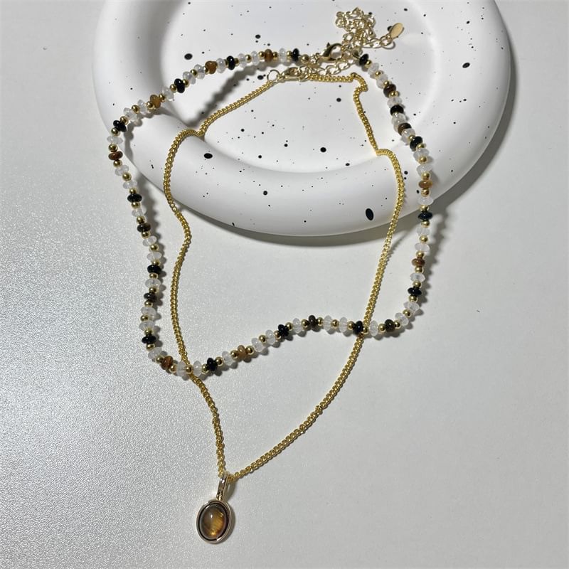 Pendant Gemstone Necklace Layered Beaded