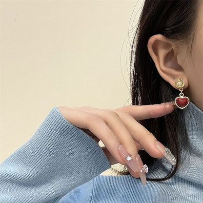 Heart Drop Earring Faux Pearl