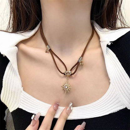 Faux Leather Necklace Pendant Sun Rhinestone