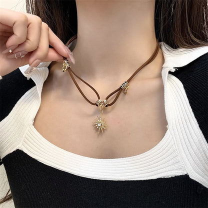 Faux Leather Necklace Pendant Sun Rhinestone