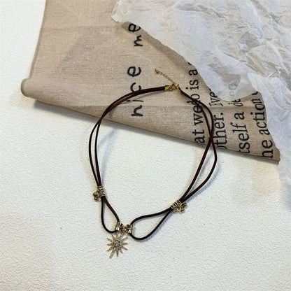 Faux Leather Necklace Pendant Sun Rhinestone