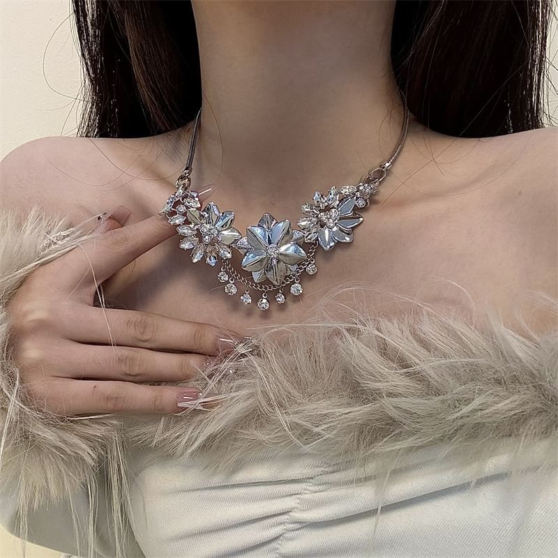 Necklace Floral Rhinestone Fringed