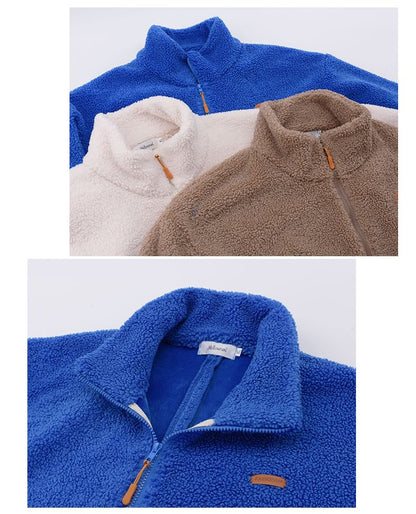 Stand Collar Applique Fleece Zip Jacket