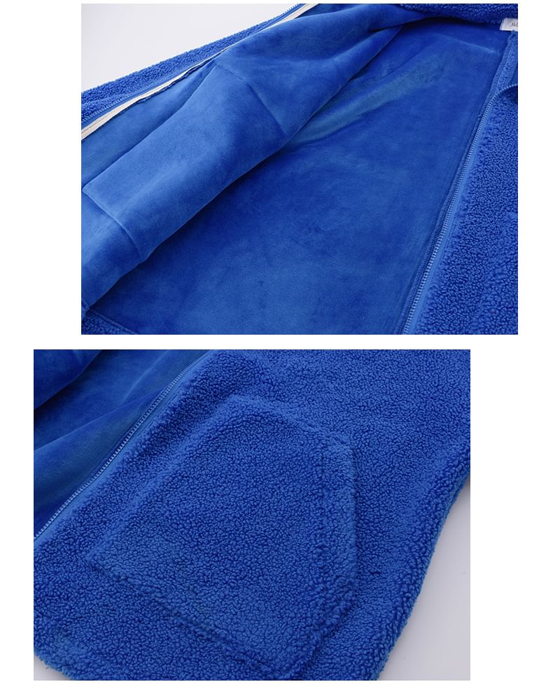 Stand Collar Applique Fleece Zip Jacket