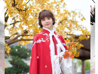 Stand Collar Floral Embroidered Fluffy Trim Tie Front Hanfu Cape