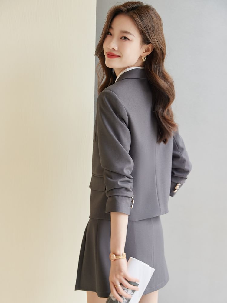 Sharp Lapel Striped Single-Breasted Blazer with High-Rise Pleated Mini A-Line Skirt and Collared Long-Sleeve Top
