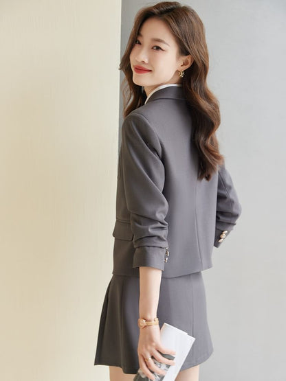 Sharp Lapel Striped Single-Breasted Blazer with High-Rise Pleated Mini A-Line Skirt and Collared Long-Sleeve Top