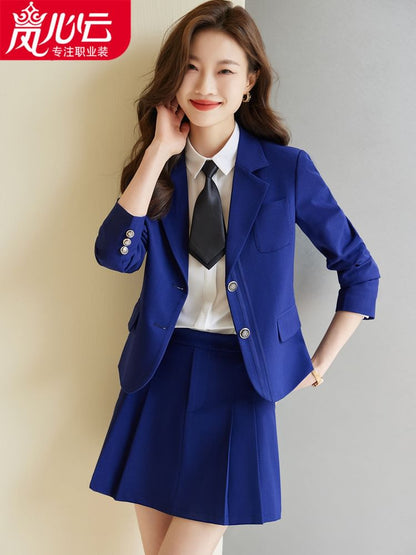 Sharp Lapel Striped Single-Breasted Blazer with High-Rise Pleated Mini A-Line Skirt and Collared Long-Sleeve Top