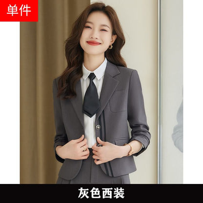 Sharp Lapel Striped Single-Breasted Blazer with High-Rise Pleated Mini A-Line Skirt and Collared Long-Sleeve Top