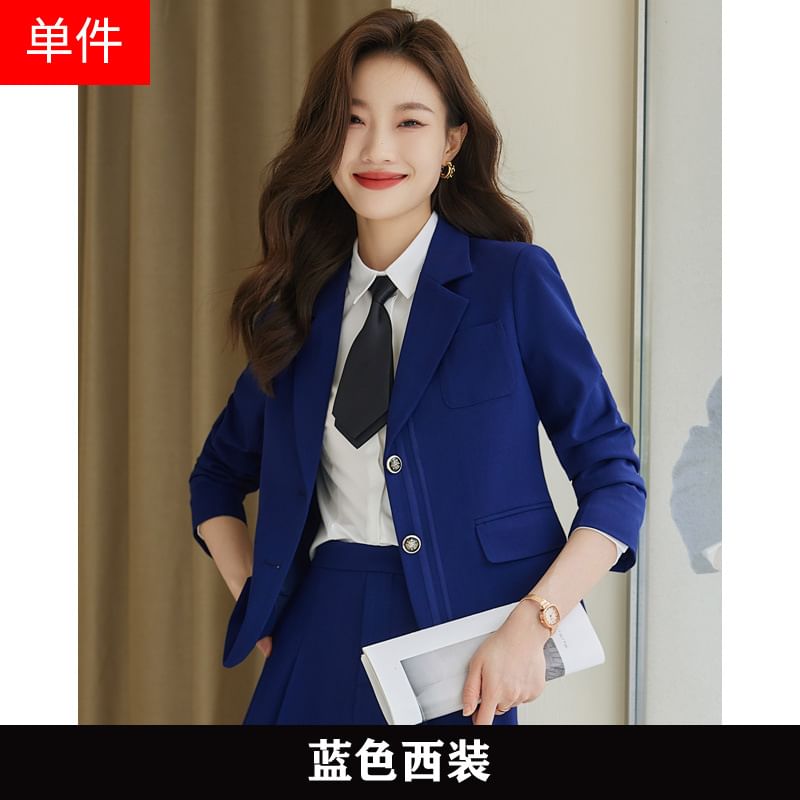 Sharp Lapel Striped Single-Breasted Blazer with High-Rise Pleated Mini A-Line Skirt and Collared Long-Sleeve Top