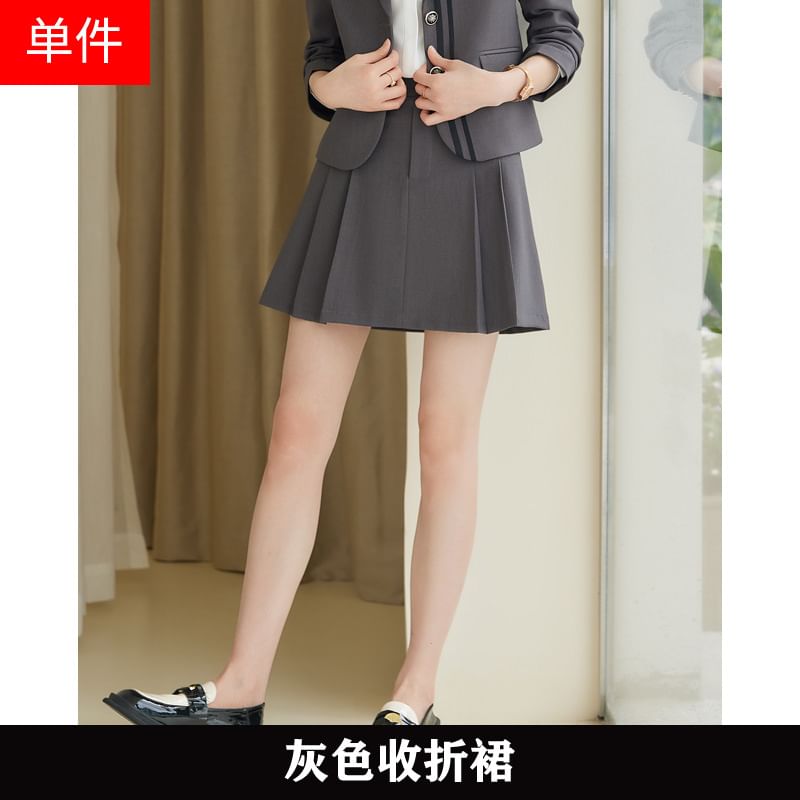 Sharp Lapel Striped Single-Breasted Blazer with High-Rise Pleated Mini A-Line Skirt and Collared Long-Sleeve Top