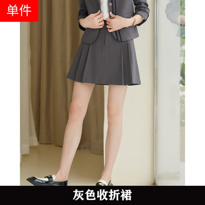 Sharp Lapel Striped Single-Breasted Blazer with High-Rise Pleated Mini A-Line Skirt and Collared Long-Sleeve Top