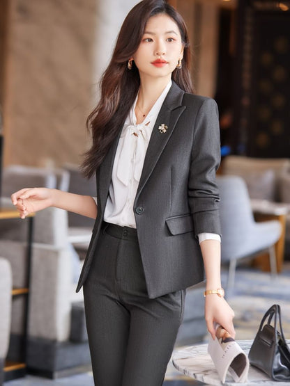 Peak Lapel Solid Single-Breasted Blazer, High-Rise Mini Pencil Skirt, Cropped Straight-Leg Trousers, Long-Sleeve Tie-Neck Blouse Ensemble