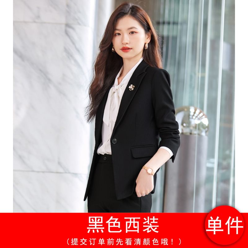 Peak Lapel Solid Single-Breasted Blazer, High-Rise Mini Pencil Skirt, Cropped Straight-Leg Trousers, Long-Sleeve Tie-Neck Blouse Ensemble
