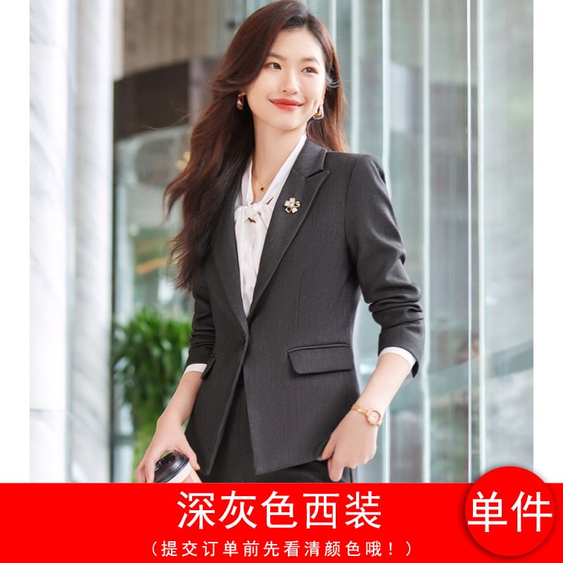 Peak Lapel Solid Single-Breasted Blazer, High-Rise Mini Pencil Skirt, Cropped Straight-Leg Trousers, Long-Sleeve Tie-Neck Blouse Ensemble