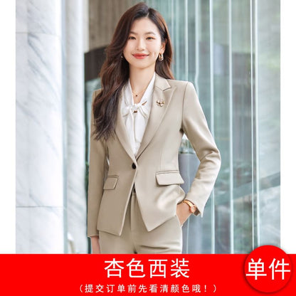 Peak Lapel Solid Single-Breasted Blazer, High-Rise Mini Pencil Skirt, Cropped Straight-Leg Trousers, Long-Sleeve Tie-Neck Blouse Ensemble