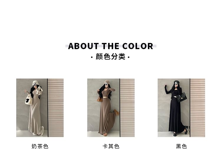 Crew Neck Long-Sleeve Tee Paired with High-Rise Solid Maxi A-Line Skirt
