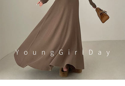Crew Neck Long-Sleeve Tee Paired with High-Rise Solid Maxi A-Line Skirt