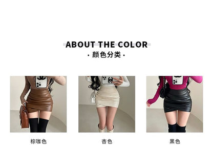 High-Rise Solid Faux Leather Ruched Mini Pencil Skirt