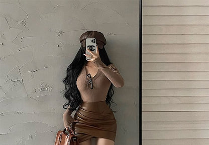 High-Rise Solid Faux Leather Ruched Mini Pencil Skirt