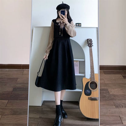 Mock Two Piece Long-Sleeve Velvet Midi A-Line Dress