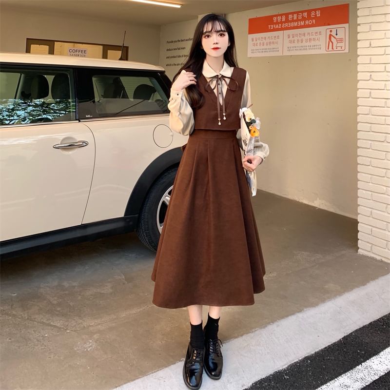 Mock Two Piece Long-Sleeve Velvet Midi A-Line Dress