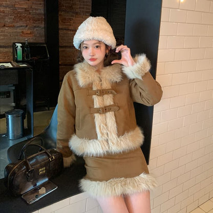 Two-Tone Fluffy Trim Buckled Jacket with High-Rise Mini Pencil Skirt and Midi A-Line Skirt Set