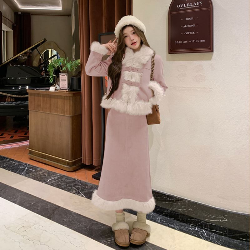 Two-Tone Fluffy Trim Buckled Jacket with High-Rise Mini Pencil Skirt and Midi A-Line Skirt Set