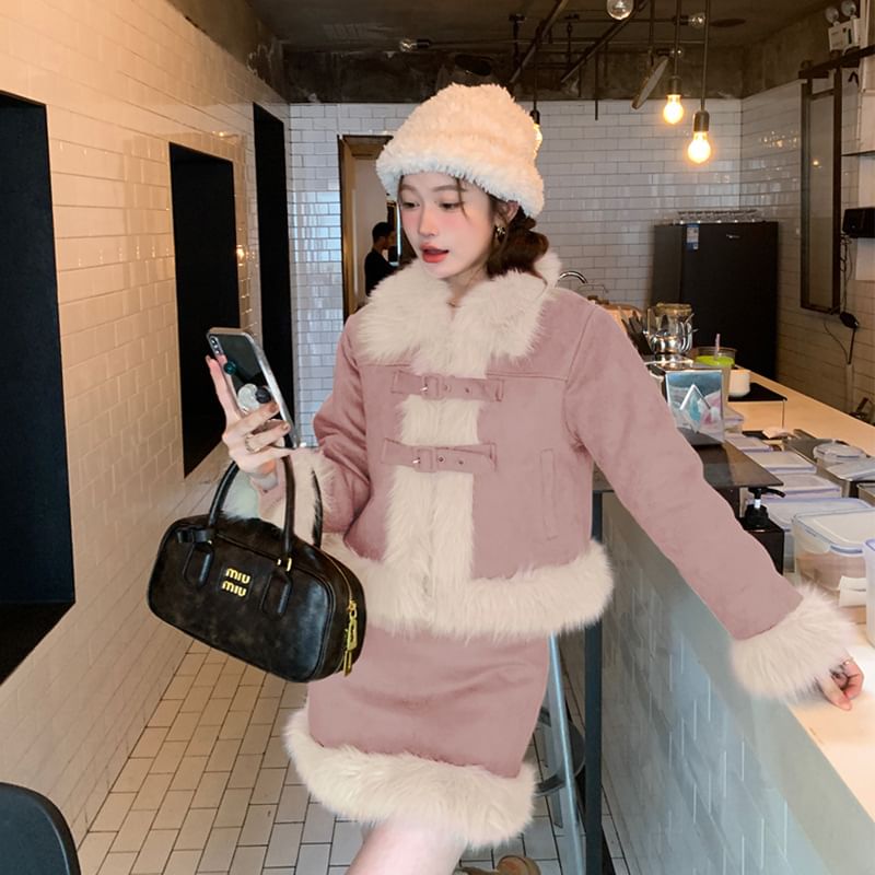 Two-Tone Fluffy Trim Buckled Jacket with High-Rise Mini Pencil Skirt and Midi A-Line Skirt Set