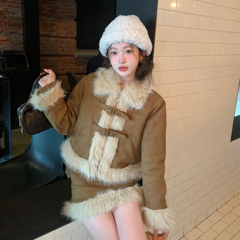 Two-Tone Fluffy Trim Buckled Jacket with High-Rise Mini Pencil Skirt and Midi A-Line Skirt Set