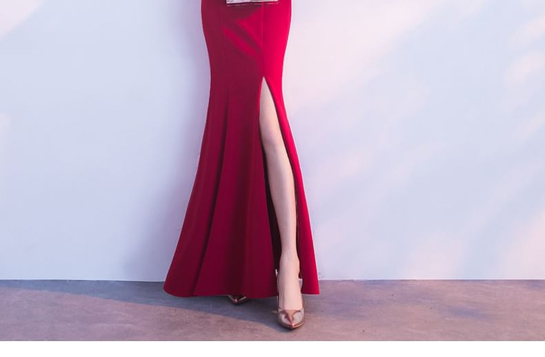 Evening Gown Slit Sheath Plain V-Neck Sleeveless
