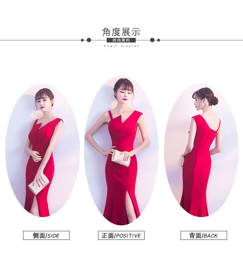 Evening Gown Slit Sheath Plain V-Neck Sleeveless