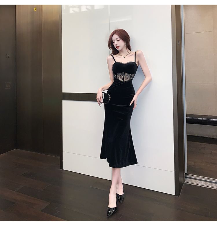 Spaghetti Strap Plain Lace Panel Midi Sheath Party Dress