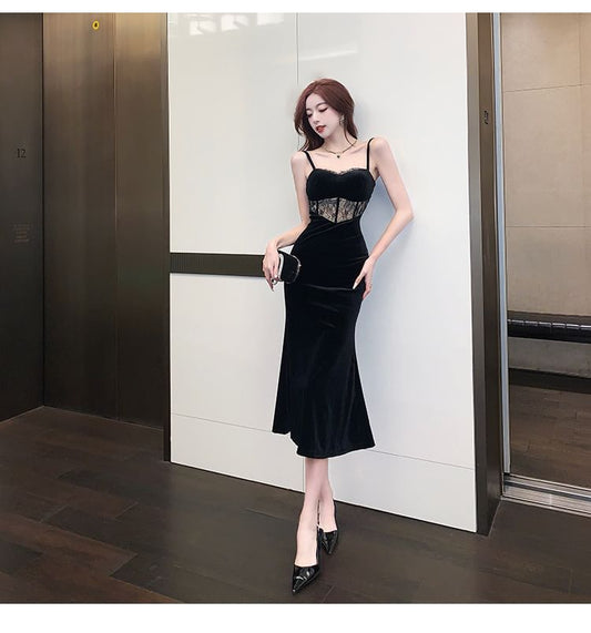 Spaghetti Strap Plain Lace Panel Midi Sheath Party Dress