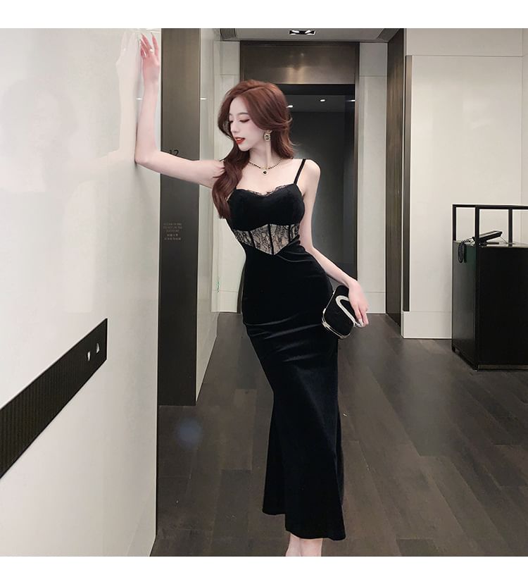 Spaghetti Strap Plain Lace Panel Midi Sheath Party Dress