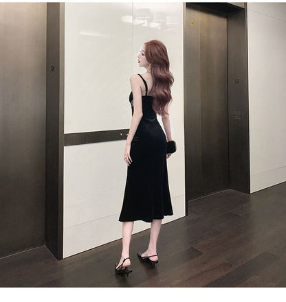 Spaghetti Strap Plain Lace Panel Midi Sheath Party Dress