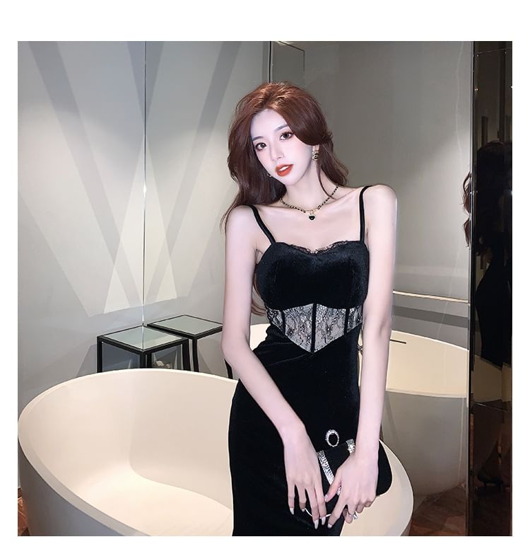 Spaghetti Strap Plain Lace Panel Midi Sheath Party Dress