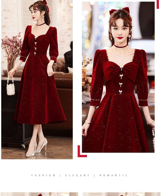 3/4-Sleeve Square Neck Plain Glitter Midi A-Line Party Dress