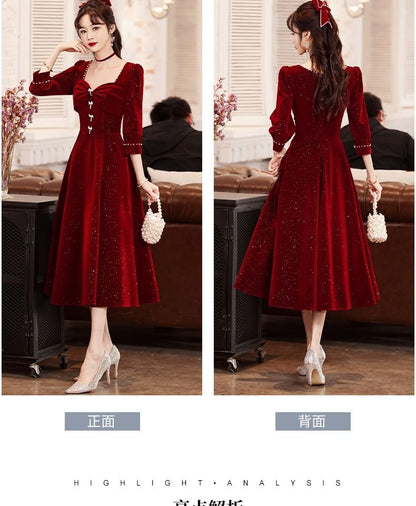 3/4-Sleeve Square Neck Plain Glitter Midi A-Line Party Dress