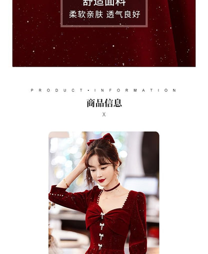 3/4-Sleeve Square Neck Plain Glitter Midi A-Line Party Dress